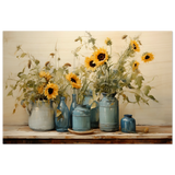Sunlit Harmony – Sunflowers in Blue Vases Still Life Wall Art Print - Wood Prints - 20x30 cm / 8x12″ - 