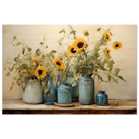 Sunlit Harmony – Sunflowers in Blue Vases Still Life Wall Art Print - Wood Prints - 20x30 cm / 8x12″ - 