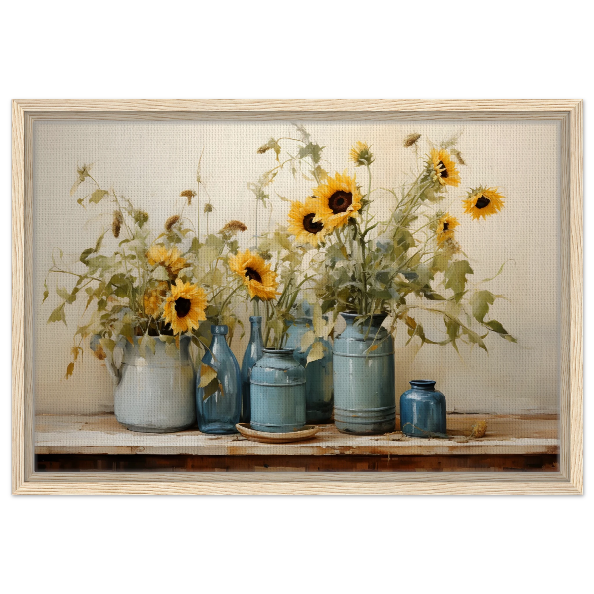 Sunlit Harmony – Sunflowers in Blue Vases Still Life Wall Art Print - Framed Canvas - 40x60 cm / 16x24″ - Wood frame