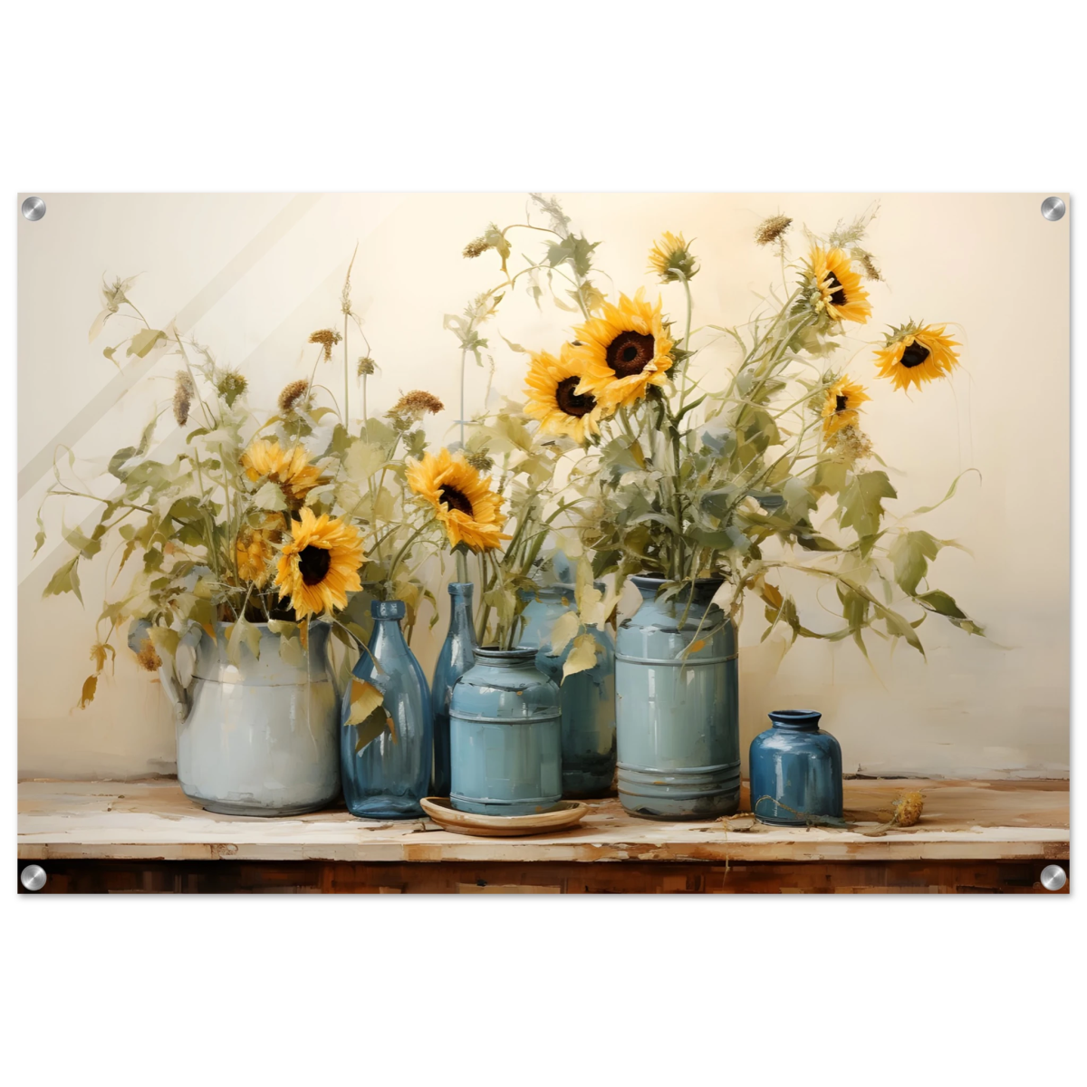 Sunlit Harmony – Sunflowers in Blue Vases Still Life Wall Art Print - Acrylic Print - 60x90 cm / 24x36″ - 