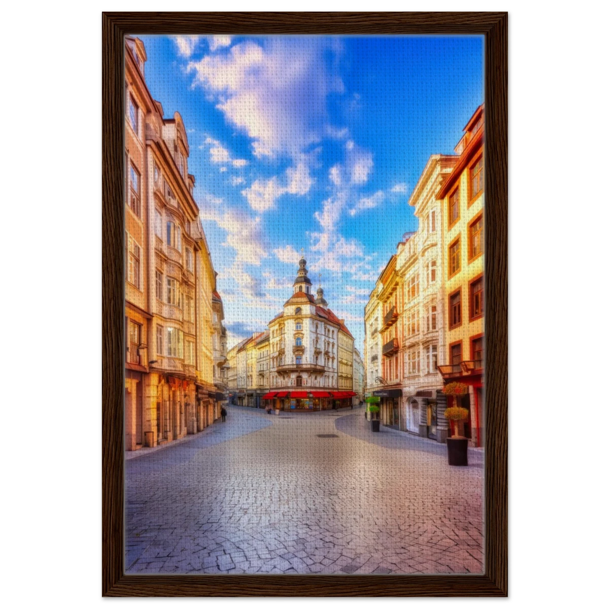 “Sunrise in the Old Town” – European Street Scene Wall Art Print - Framed Canvas - 40x60 cm / 16x24″ - Dark wood frame