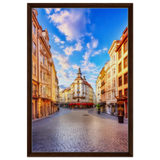 “Sunrise in the Old Town” – European Street Scene Wall Art Print - Framed Canvas - 50x75 cm / 20x30″ - Dark wood frame