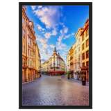 “Sunrise in the Old Town” – European Street Scene Wall Art Print - Framed Canvas - 50x75 cm / 20x30″ - Black frame