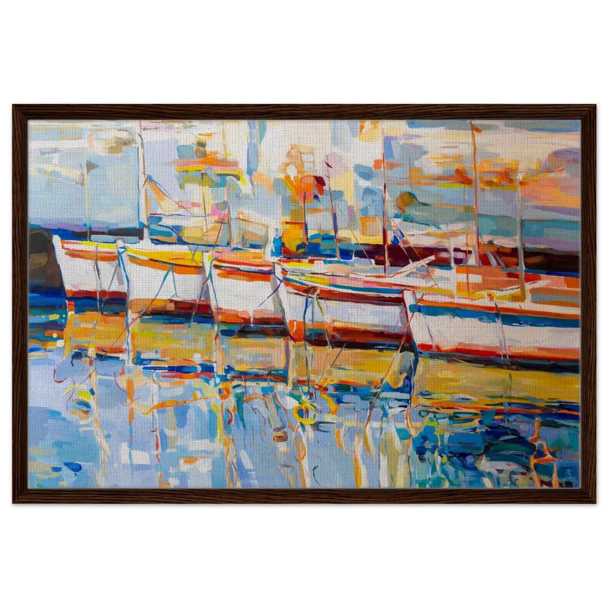“Symphony of Sails” – Vibrant Reflections in a Seaside Dream | Wall art - Framed Canvas - 60x90 cm / 24x36″ - Dark wood frame