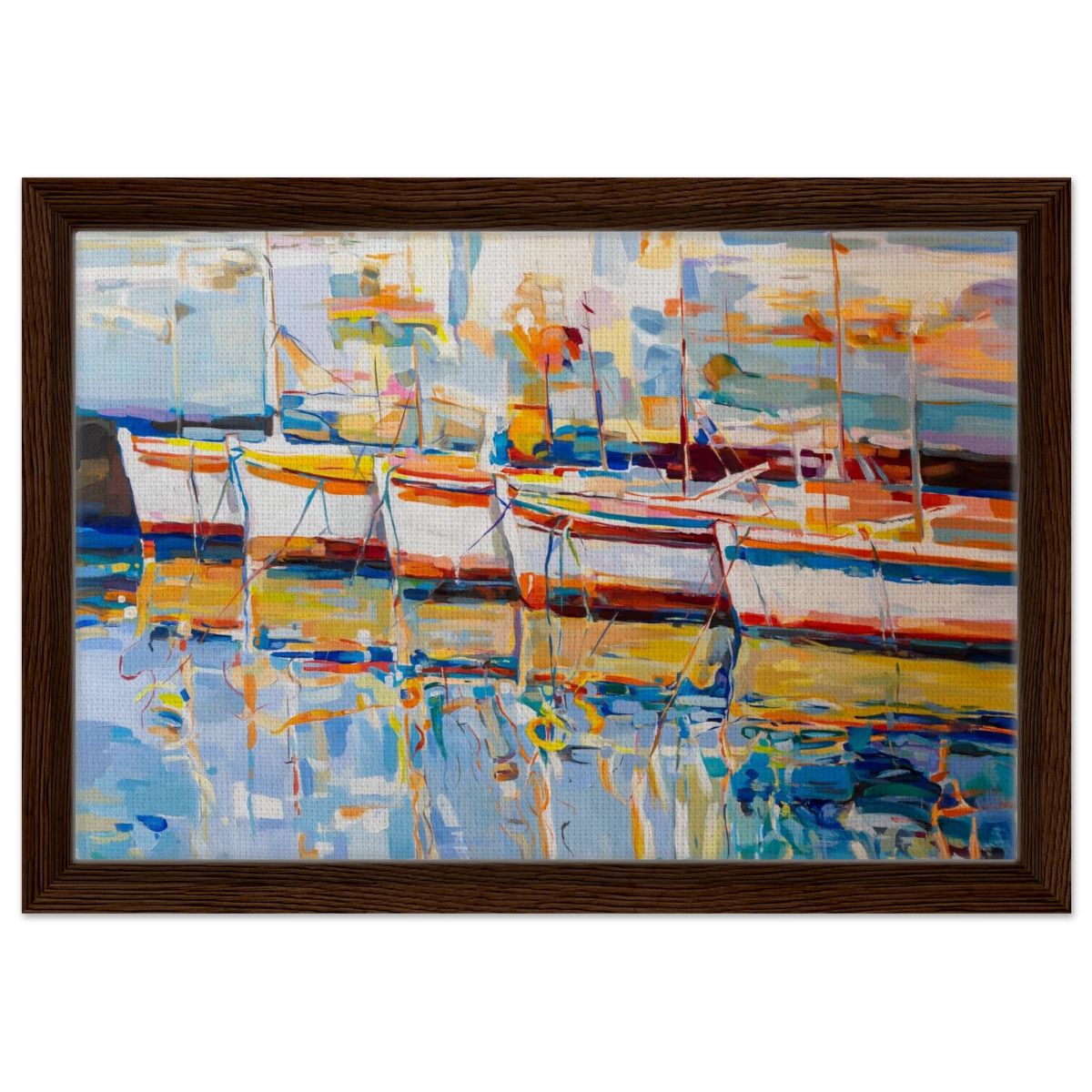 “Symphony of Sails” – Vibrant Reflections in a Seaside Dream | Wall art - Framed Canvas - 30x45 cm / 12x18″ - Dark wood frame
