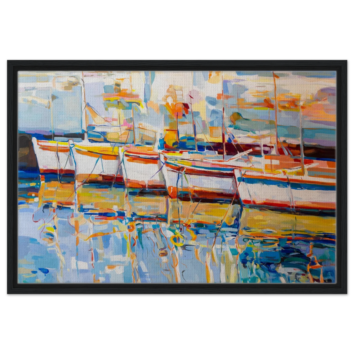 “Symphony of Sails” – Vibrant Reflections in a Seaside Dream | Wall art - Framed Canvas - 50x75 cm / 20x30″ - Black frame