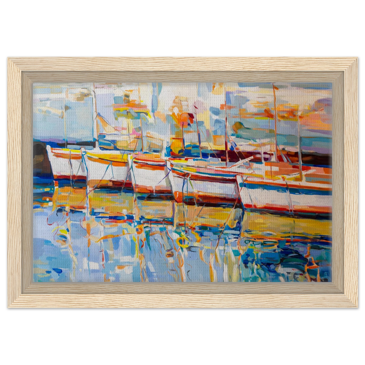 “Symphony of Sails” – Vibrant Reflections in a Seaside Dream | Wall art - Framed Canvas - 20x30 cm / 8x12″ - Wood frame