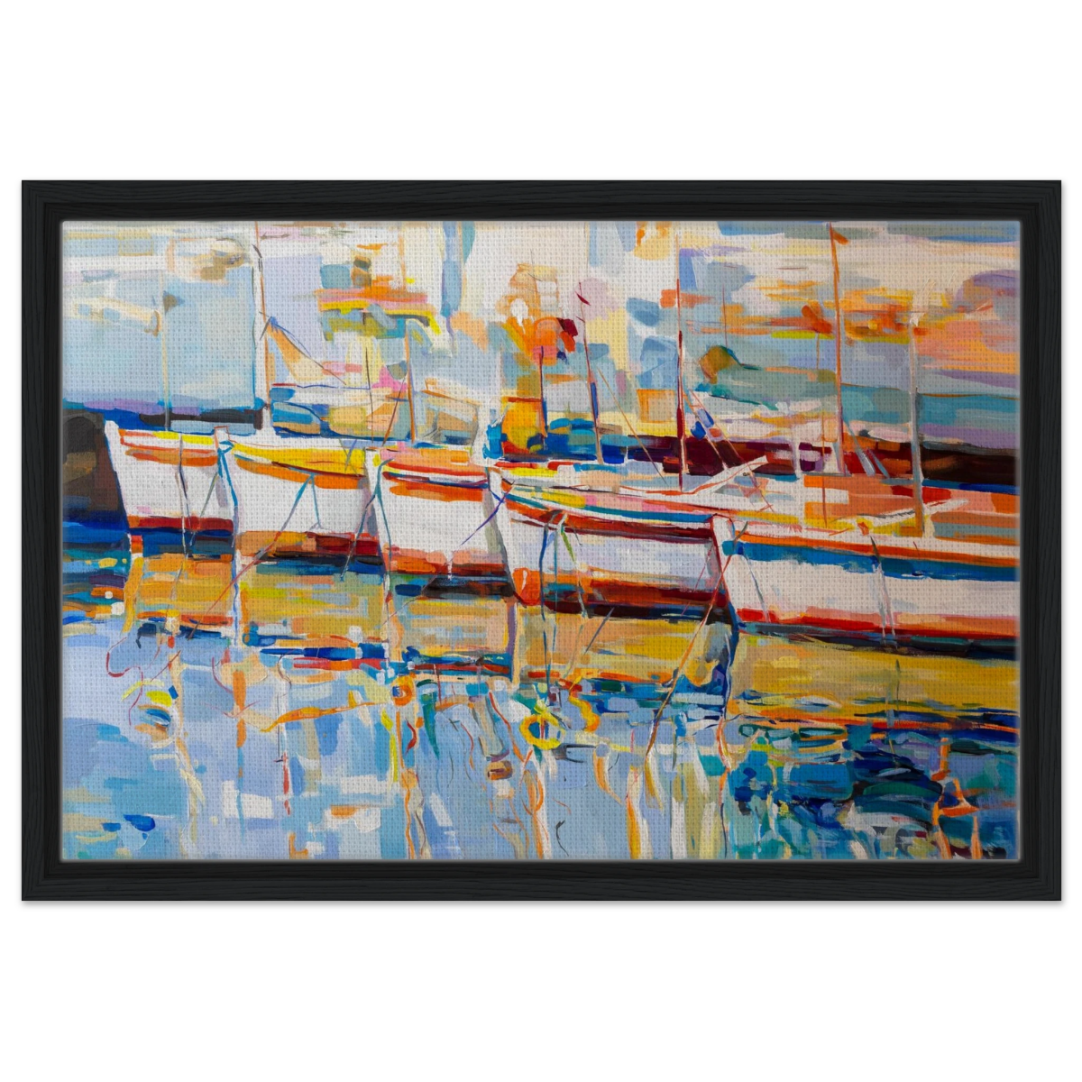 “Symphony of Sails” – Vibrant Reflections in a Seaside Dream | Wall art - Framed Canvas - 40x60 cm / 16x24″ - Black frame
