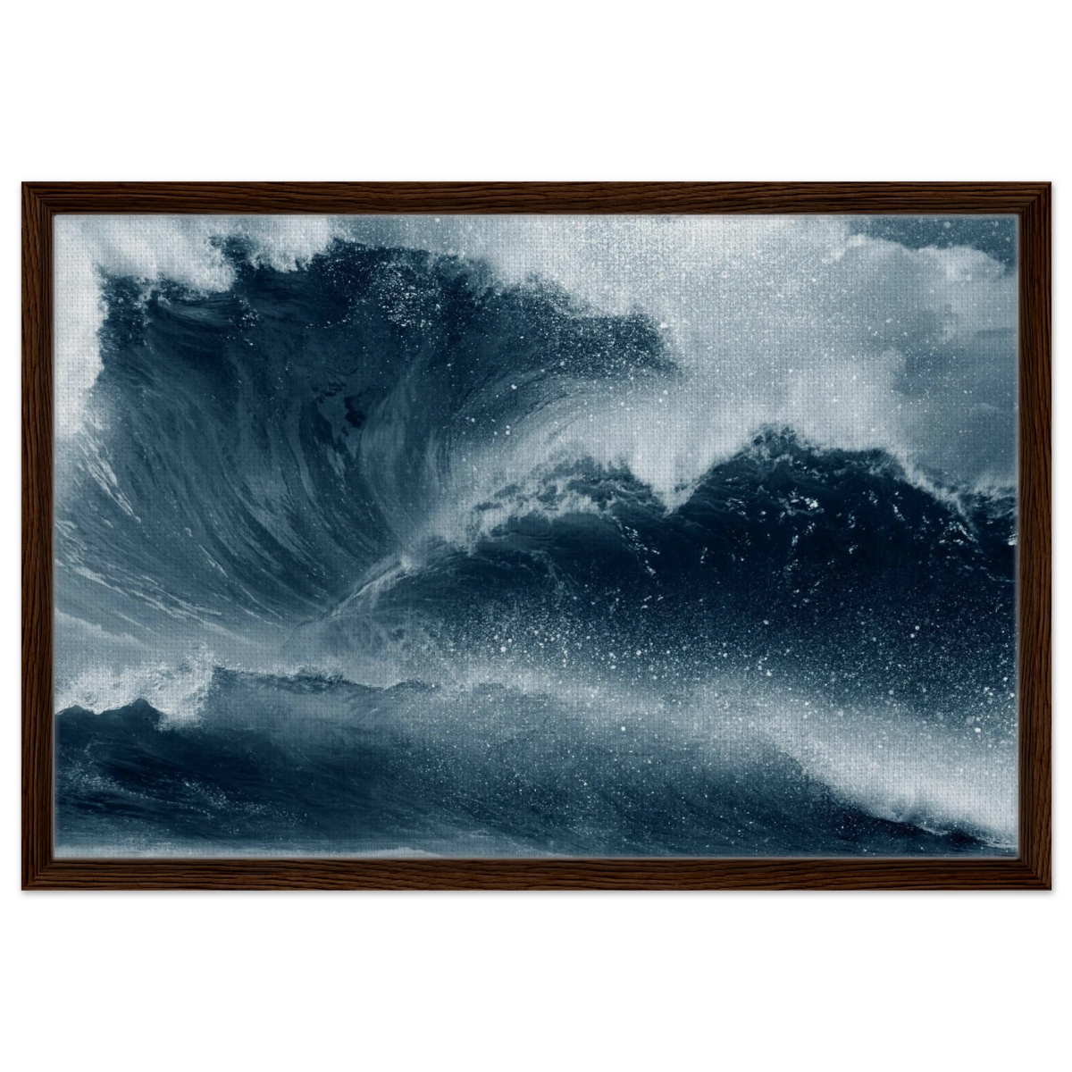 "Tempest Surge" – Monochrome Ocean Wave Wall Art Print - Framed Canvas - 50x75 cm / 20x30″ - Dark wood frame