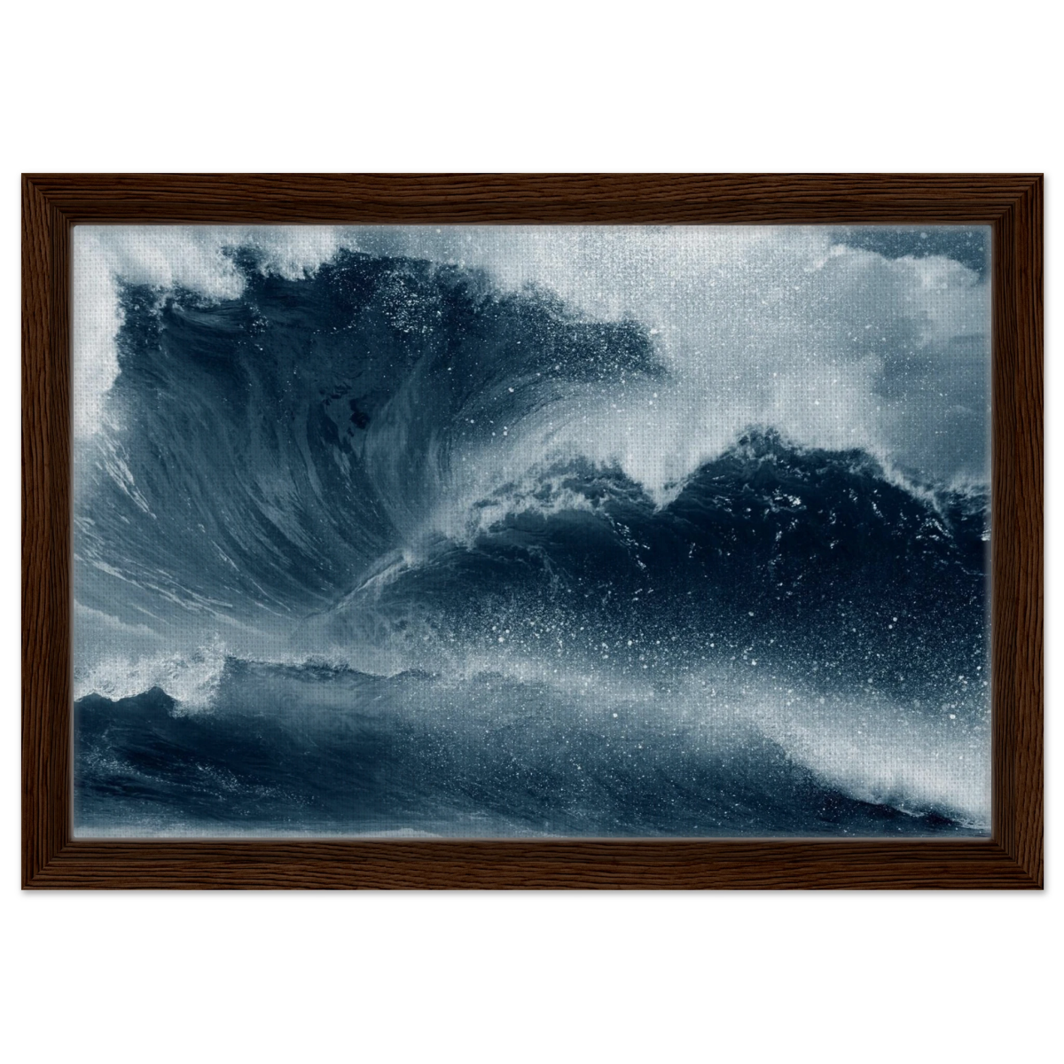 "Tempest Surge" – Monochrome Ocean Wave Wall Art Print - Framed Canvas - 30x45 cm / 12x18″ - Dark wood frame