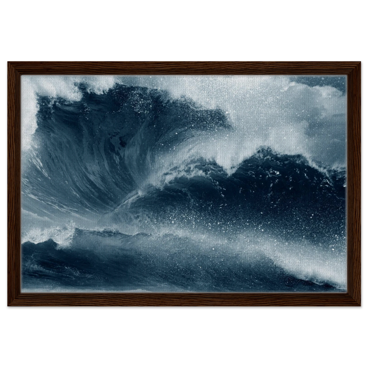 "Tempest Surge" – Monochrome Ocean Wave Wall Art Print - Framed Canvas - 40x60 cm / 16x24″ - Dark wood frame