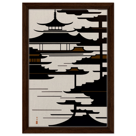 Temple in the Mist | Minimalist Japanese - inspired Wall art Print - Framed Canvas - 30x45 cm / 12x18″ - Dark wood frame