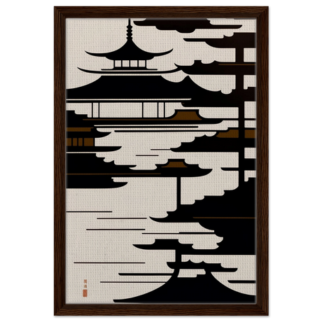 Temple in the Mist | Minimalist Japanese - inspired Wall art Print - Framed Canvas - 40x60 cm / 16x24″ - Dark wood frame