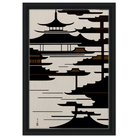 Temple in the Mist | Minimalist Japanese - inspired Wall art Print - Framed Canvas - 30x45 cm / 12x18″ - Black frame