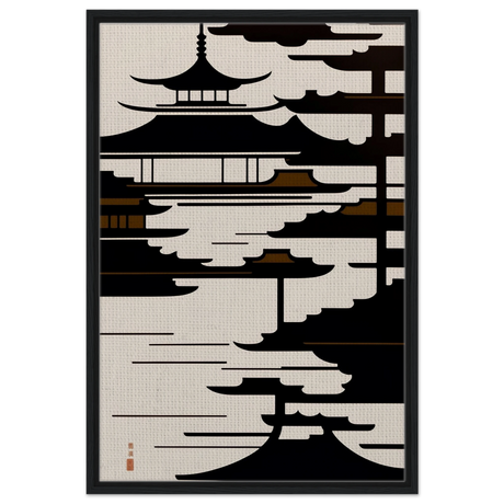 Temple in the Mist | Minimalist Japanese - inspired Wall art Print - Framed Canvas - 60x90 cm / 24x36″ - Black frame