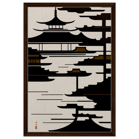 Temple in the Mist | Minimalist Japanese - inspired Wall art Print - Framed Canvas - 50x75 cm / 20x30″ - Dark wood frame