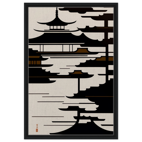 Temple in the Mist | Minimalist Japanese - inspired Wall art Print - Framed Canvas - 50x75 cm / 20x30″ - Black frame