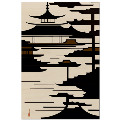 Temple in the Mist | Minimalist Japanese - inspired Wall art Print - Wood Prints - 20x30 cm / 8x12″ - 