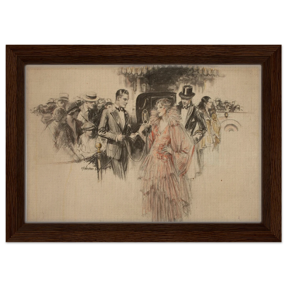 "The Arrival" – Gilded Age Fashion & Society by H. Weston Taylor | Vintage Illustration Wall Art Print - Framed Canvas - 20x30 cm / 8x12″ - Dark wood frame