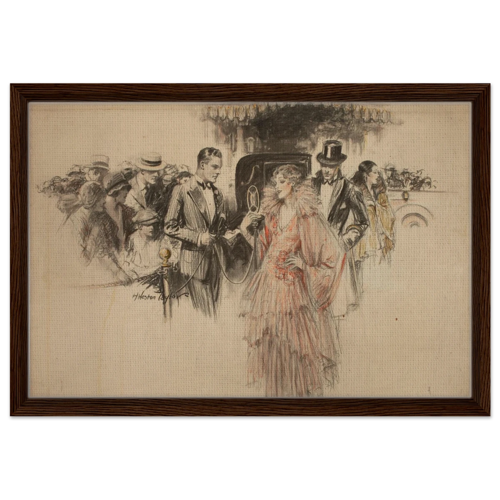 "The Arrival" – Gilded Age Fashion & Society by H. Weston Taylor | Vintage Illustration Wall Art Print - Framed Canvas - 40x60 cm / 16x24″ - Dark wood frame