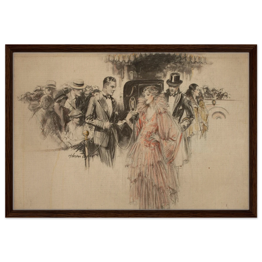 "The Arrival" – Gilded Age Fashion & Society by H. Weston Taylor | Vintage Illustration Wall Art Print - Framed Canvas - 50x75 cm / 20x30″ - Dark wood frame