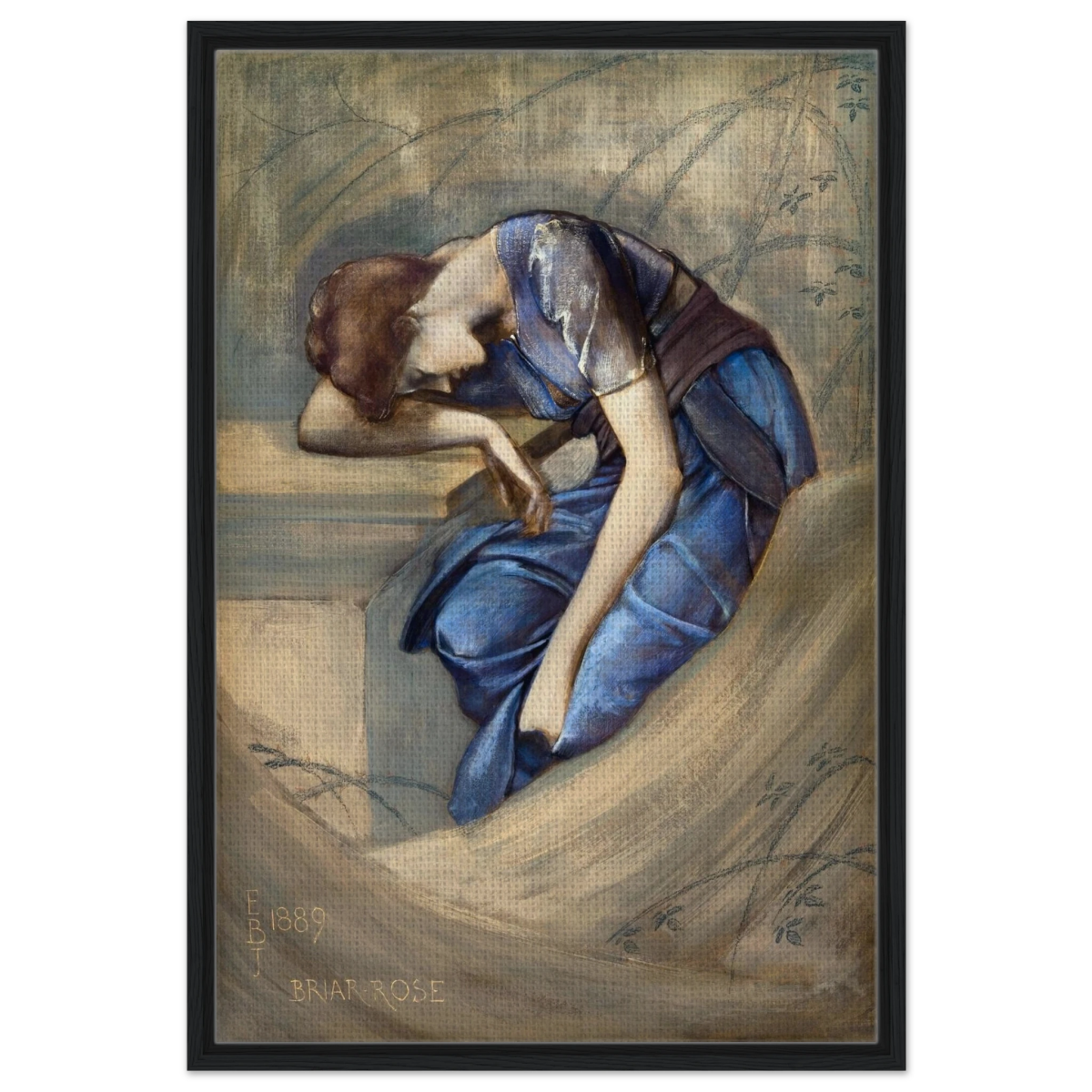 The Briar Rose Series – Study for The Garden Court (1889) by Sir Edward Burne - Jones | Wall art Print - Framed Canvas - 60x90 cm / 24x36″ - Black frame