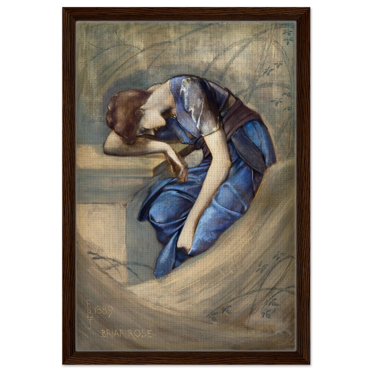 The Briar Rose Series – Study for The Garden Court (1889) by Sir Edward Burne - Jones | Wall art Print - Framed Canvas - 40x60 cm / 16x24″ - Dark wood frame