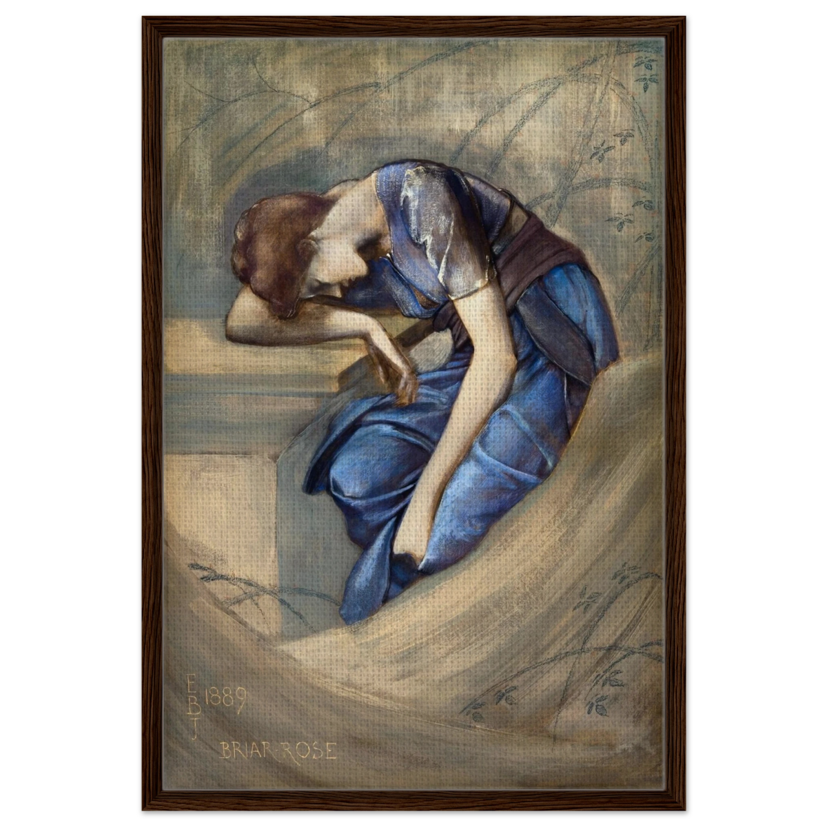 The Briar Rose Series – Study for The Garden Court (1889) by Sir Edward Burne - Jones | Wall art Print - Framed Canvas - 60x90 cm / 24x36″ - Dark wood frame