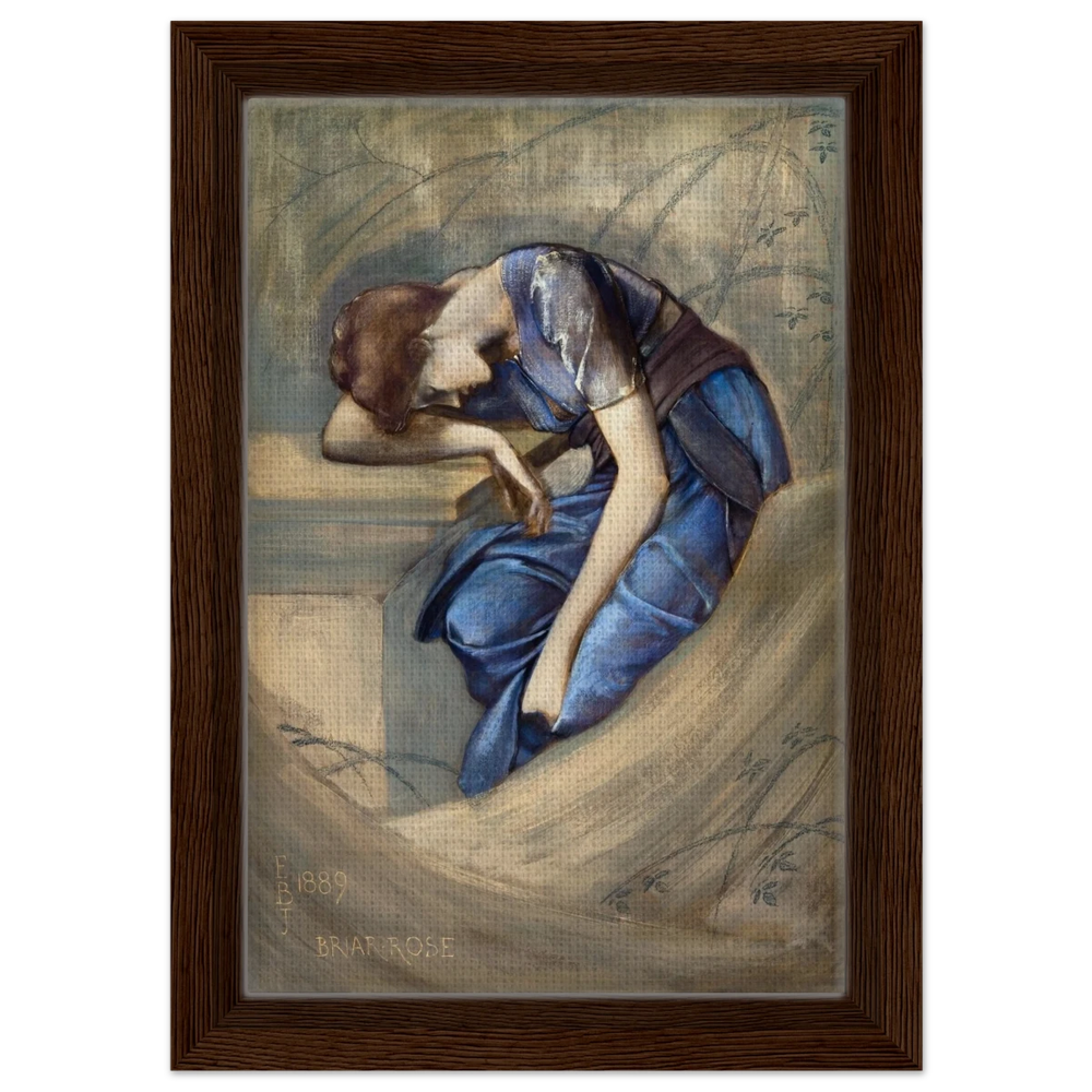 The Briar Rose Series – Study for The Garden Court (1889) by Sir Edward Burne - Jones | Wall art Print - Framed Canvas - 20x30 cm / 8x12″ - Dark wood frame