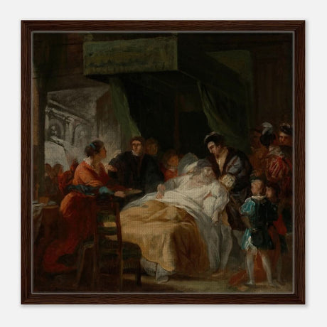 The Death of Leonardo da Vinci in the Arms of François by François - Guillaume Ménageot | Vintage wall art print - Framed Canvas - 60x60 cm / 24x24″ - Dark wood frame