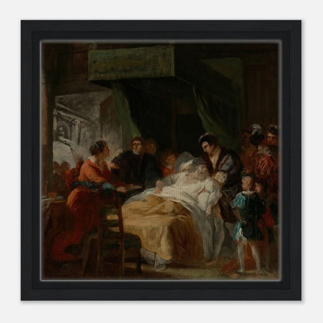The Death of Leonardo da Vinci in the Arms of François by François - Guillaume Ménageot | Vintage wall art print - Framed Canvas - 30x30 cm / 12x12″ - Black frame