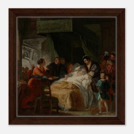 The Death of Leonardo da Vinci in the Arms of François by François - Guillaume Ménageot | Vintage wall art print - Framed Canvas - 30x30 cm / 12x12″ - Dark wood frame