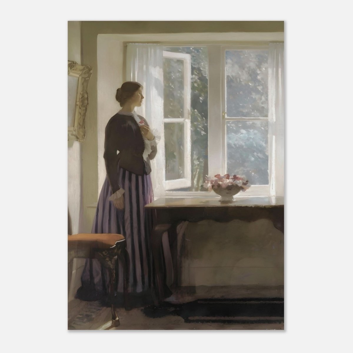 The Girl and the Picture, A Flower by Harold Knight Vintage Wall Art - Aluminum Print - 70x100 cm / 28x40″ - 