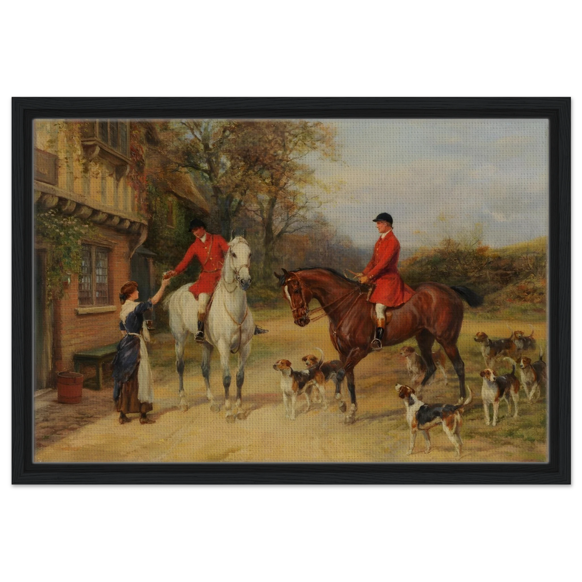 The Morning Meet – Equestrian & Hunting Scene Wall Art Print - Framed Canvas - 40x60 cm / 16x24″ - Black frame