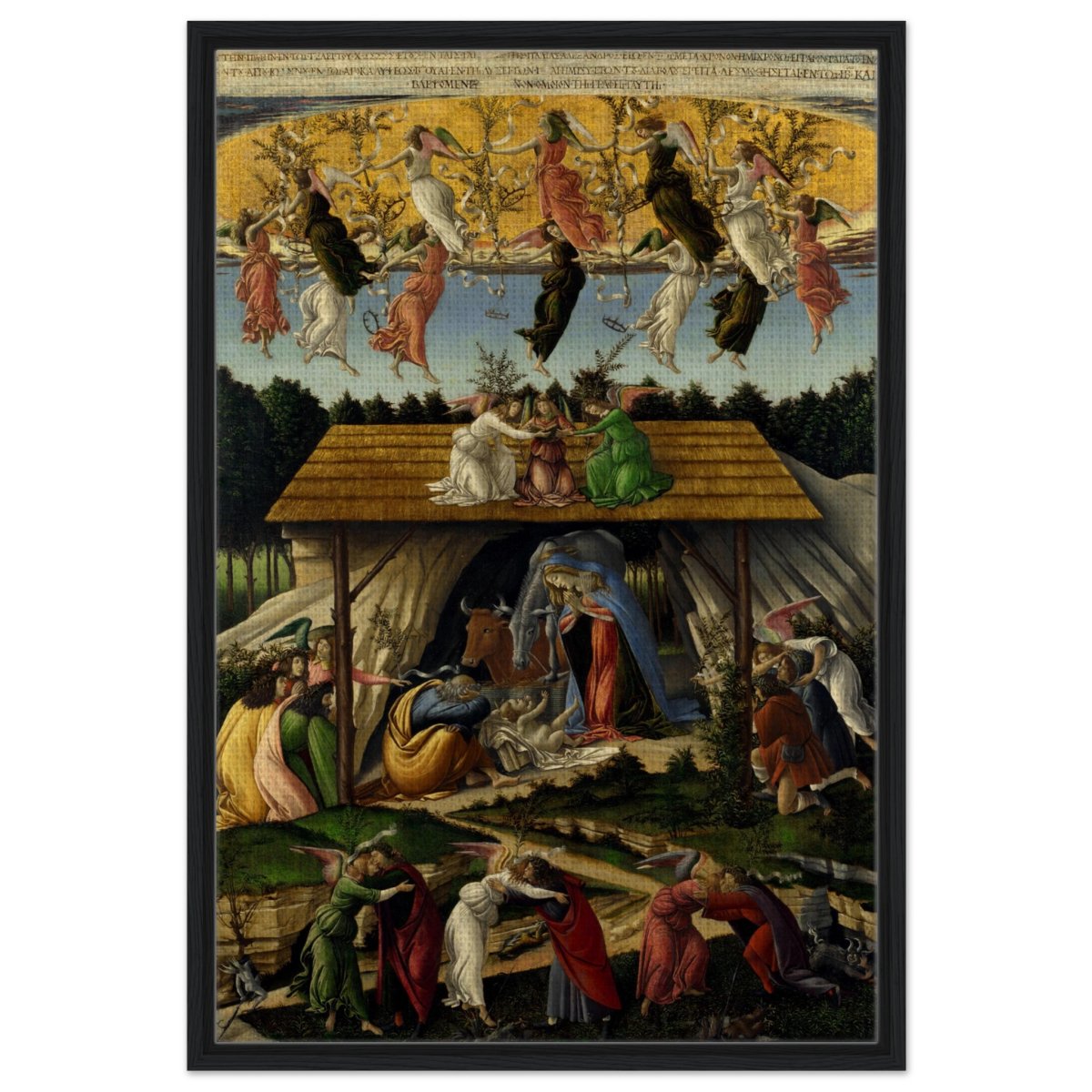 The Mystical Nativity by Sandro Botticelli | Vintage Wall art print - 60x90 cm / 24x36″ - Framed Canvas - Black frame