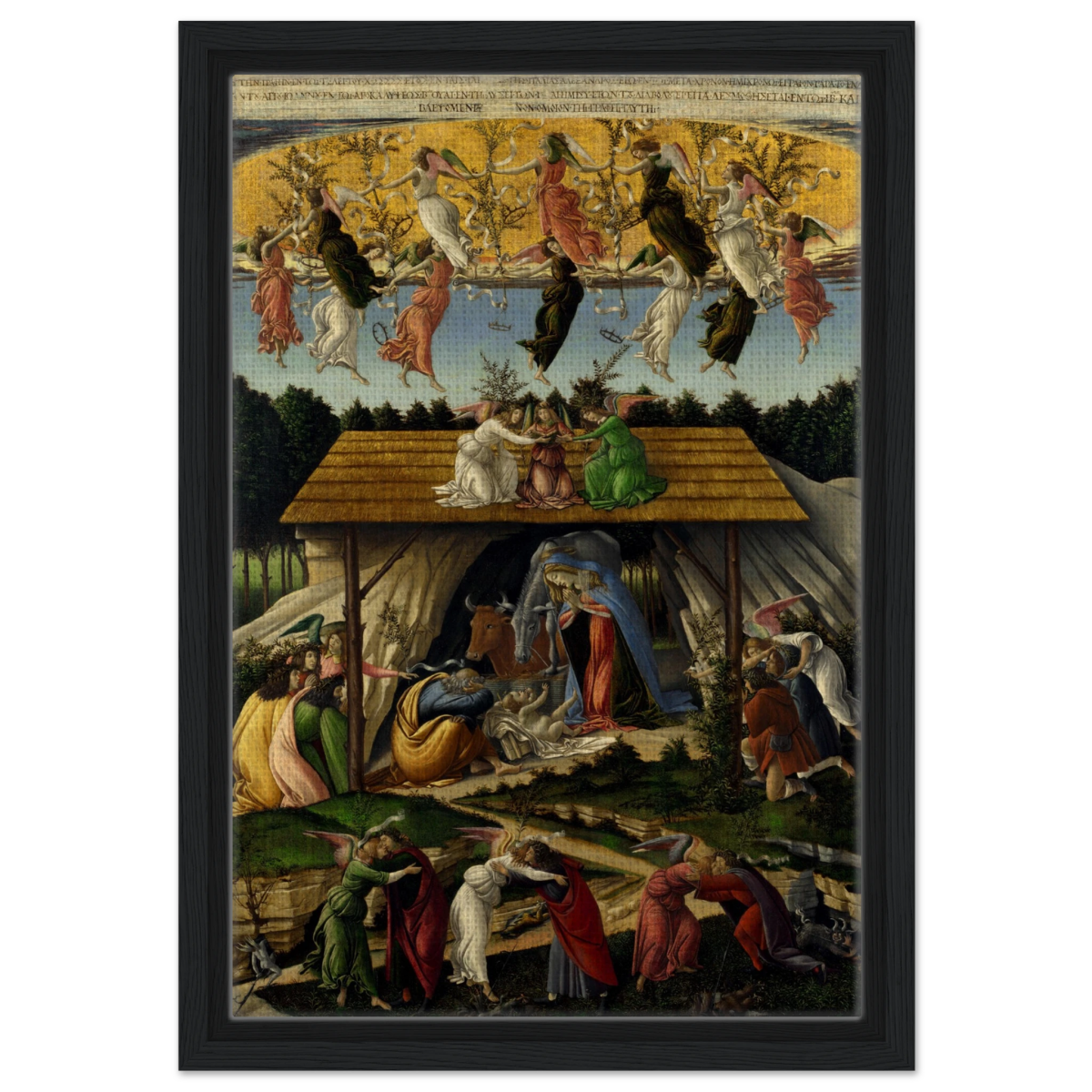 The Mystical Nativity by Sandro Botticelli | Vintage Wall art print - 30x45 cm / 12x18″ - Framed Canvas - Black frame