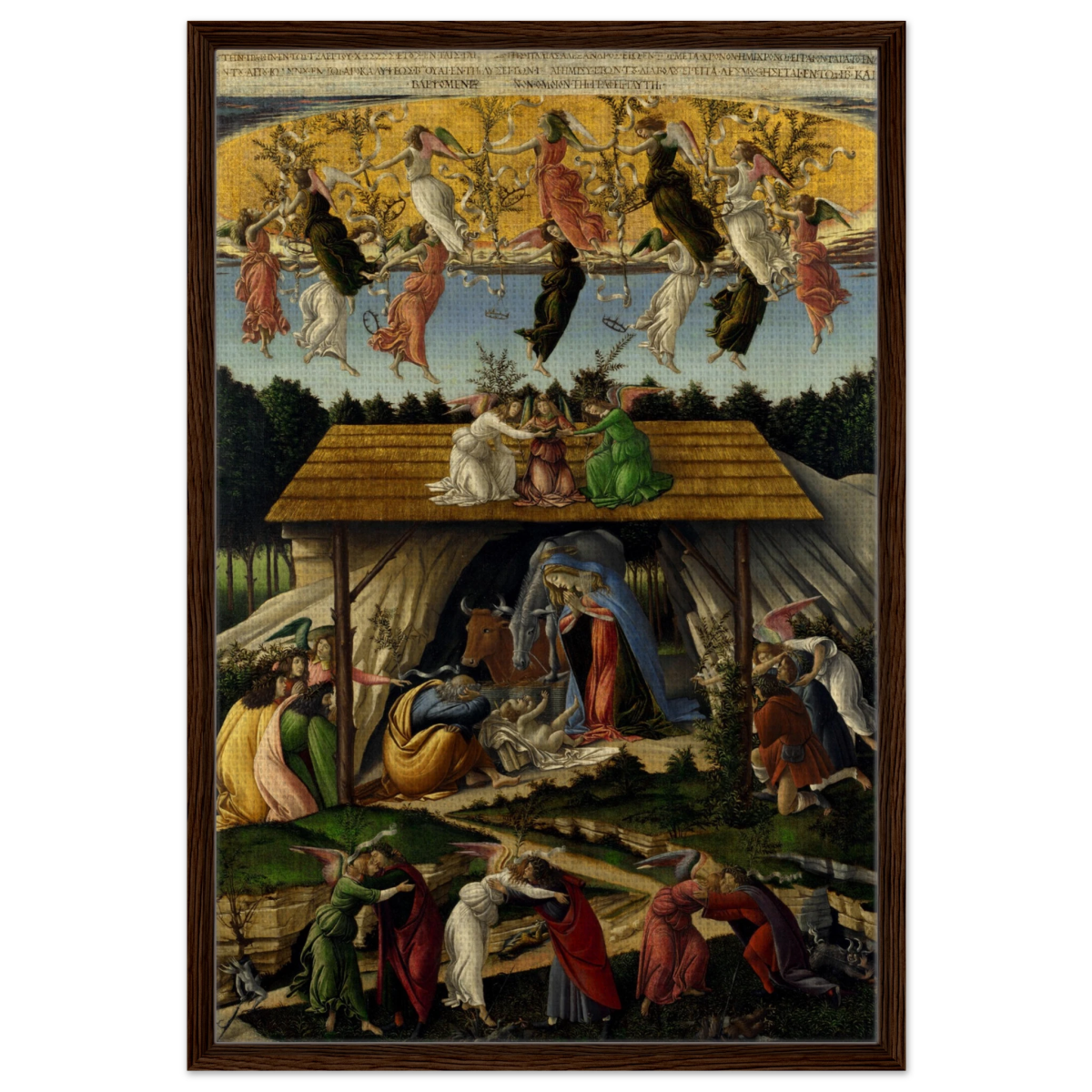 The Mystical Nativity by Sandro Botticelli | Vintage Wall art print - 60x90 cm / 24x36″ - Framed Canvas - Dark wood frame
