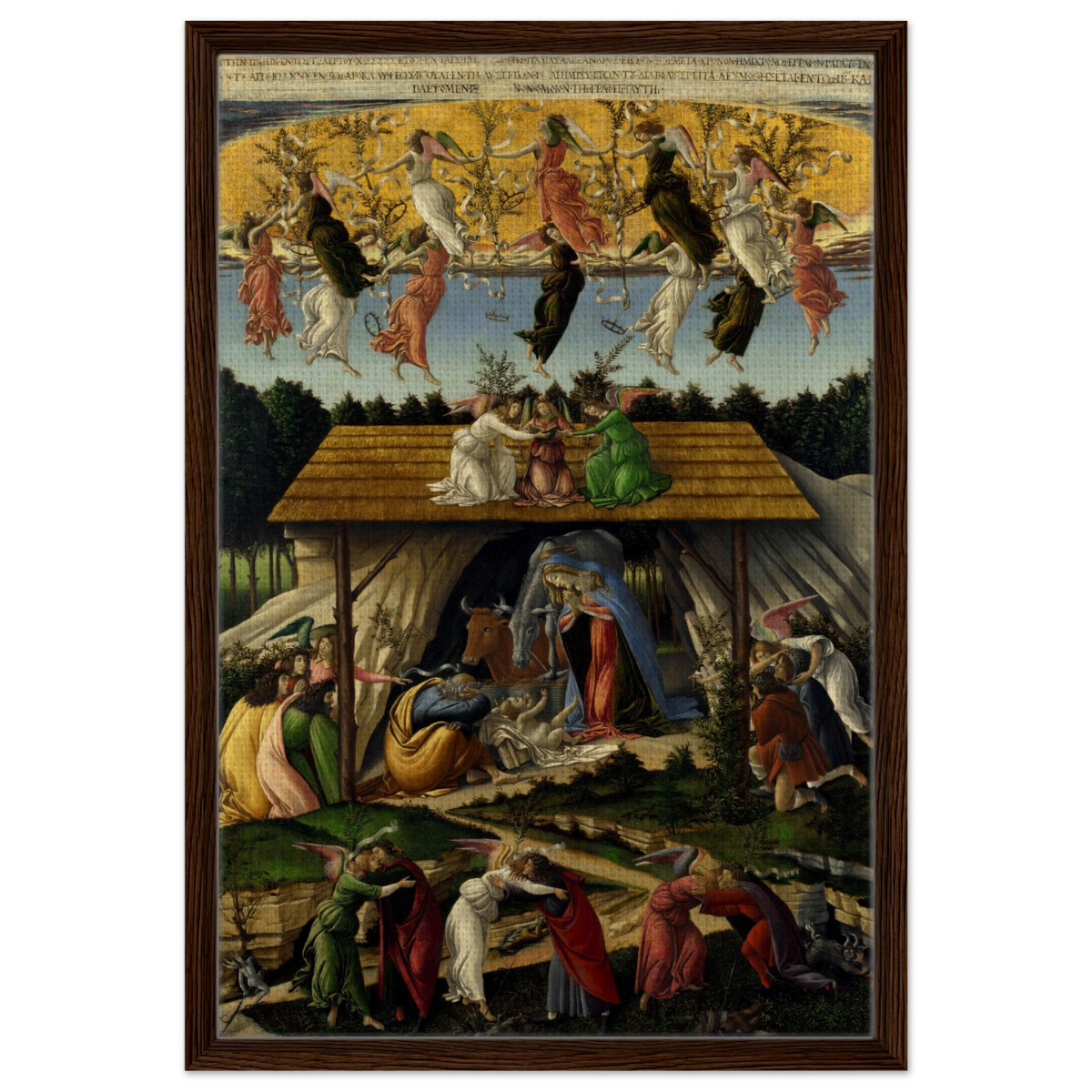 The Mystical Nativity by Sandro Botticelli | Vintage Wall art print - 50x75 cm / 20x30″ - Framed Canvas - Dark wood frame
