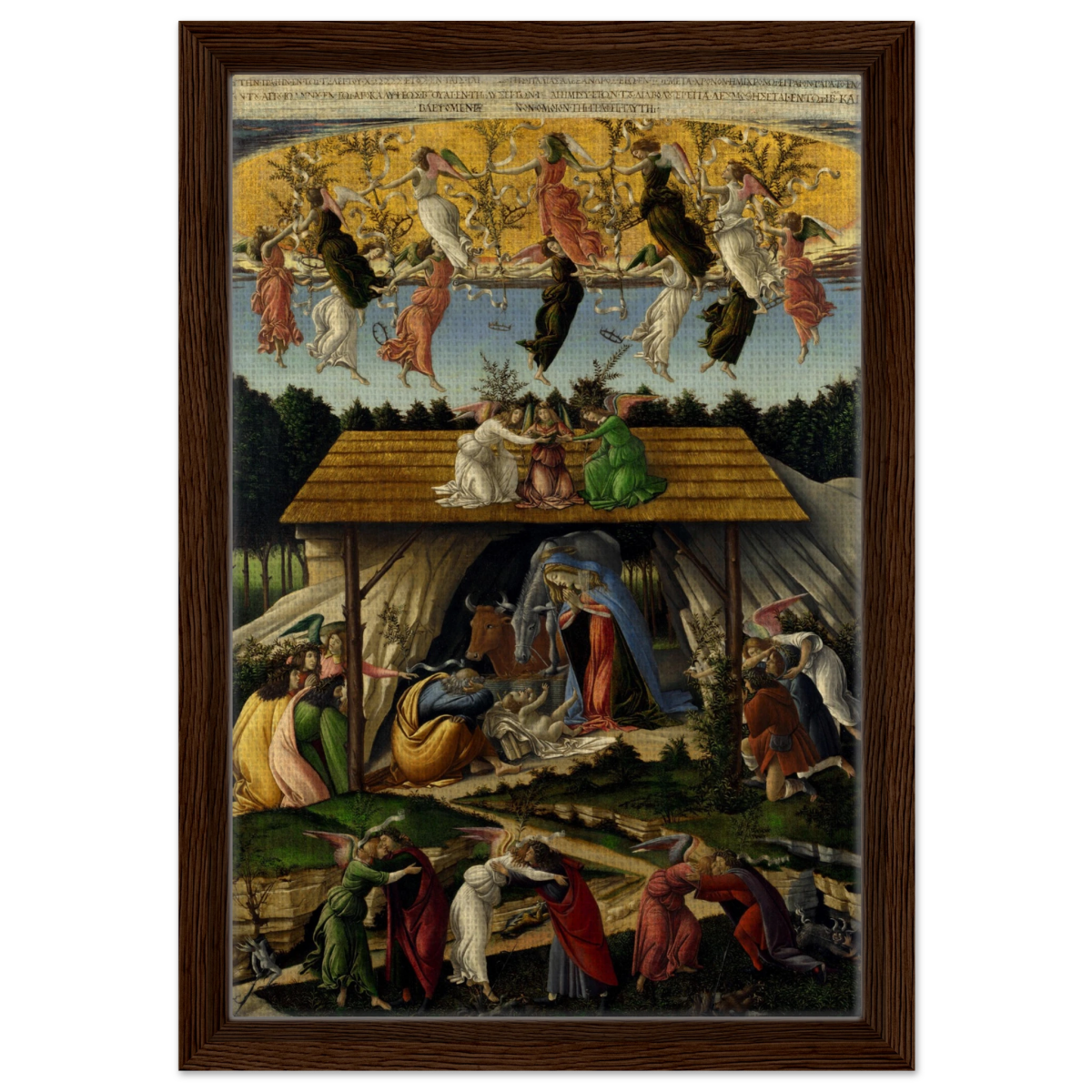 The Mystical Nativity by Sandro Botticelli | Vintage Wall art print - 30x45 cm / 12x18″ - Framed Canvas - Dark wood frame