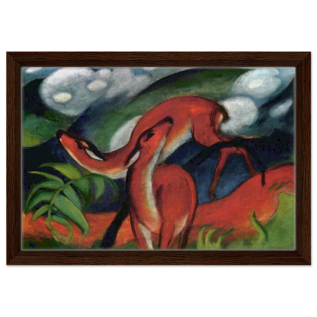 The Red Deer II – Franz Marc | Vintage Art Print - Framed Canvas - 30x45 cm / 12x18″ - Dark wood frame