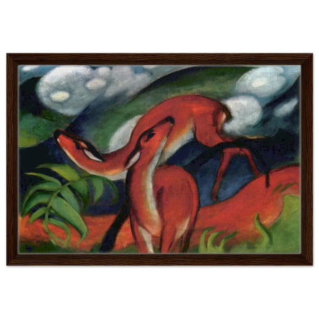 The Red Deer II – Franz Marc | Vintage Art Print - Framed Canvas - 40x60 cm / 16x24″ - Dark wood frame