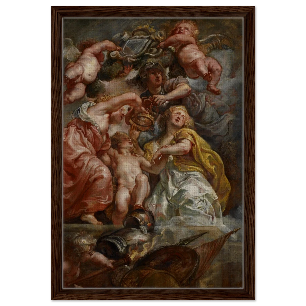 The Union of England and Scotland (Charles I as the Prince of Wales) – Artwork by Peter Paul Rubens | Wall art Print - Framed Canvas - 40x60 cm / 16x24″ - Dark wood frame