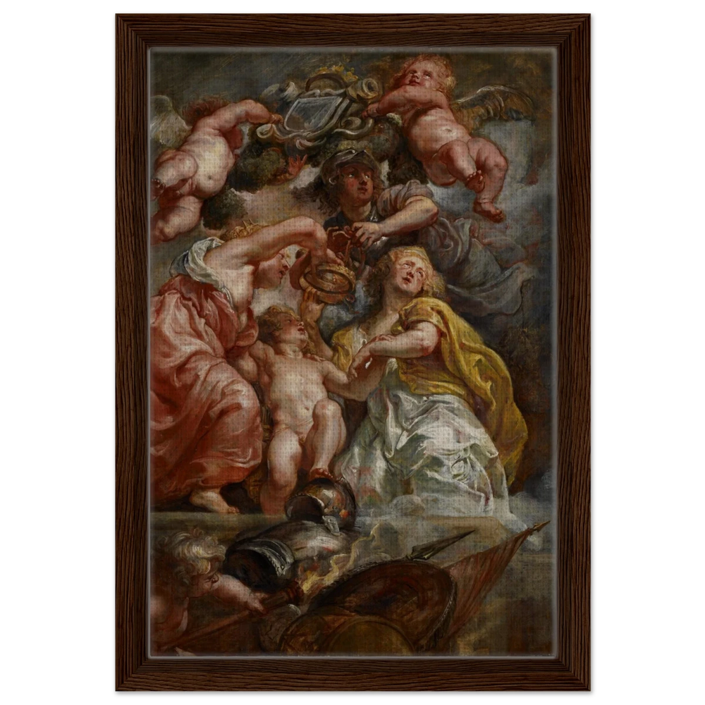 The Union of England and Scotland (Charles I as the Prince of Wales) – Artwork by Peter Paul Rubens | Wall art Print - Framed Canvas - 30x45 cm / 12x18″ - Dark wood frame