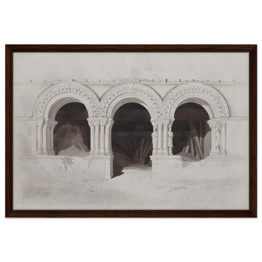 The West Side of the Cloister of St Georges de Boscherville by John Sell Cotman wall Art Print - Framed Canvas - 50x75 cm / 20x30″ - Dark wood frame