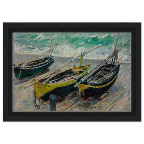 Three Fishing Boats (1886) – Claude Monet Wall Art Print - Framed Canvas - 20x30 cm / 8x12″ - Black frame