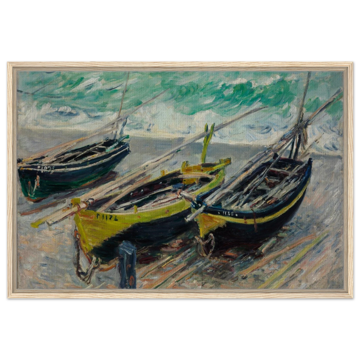 Three Fishing Boats (1886) – Claude Monet Wall Art Print - Framed Canvas - 60x90 cm / 24x36″ - Wood frame