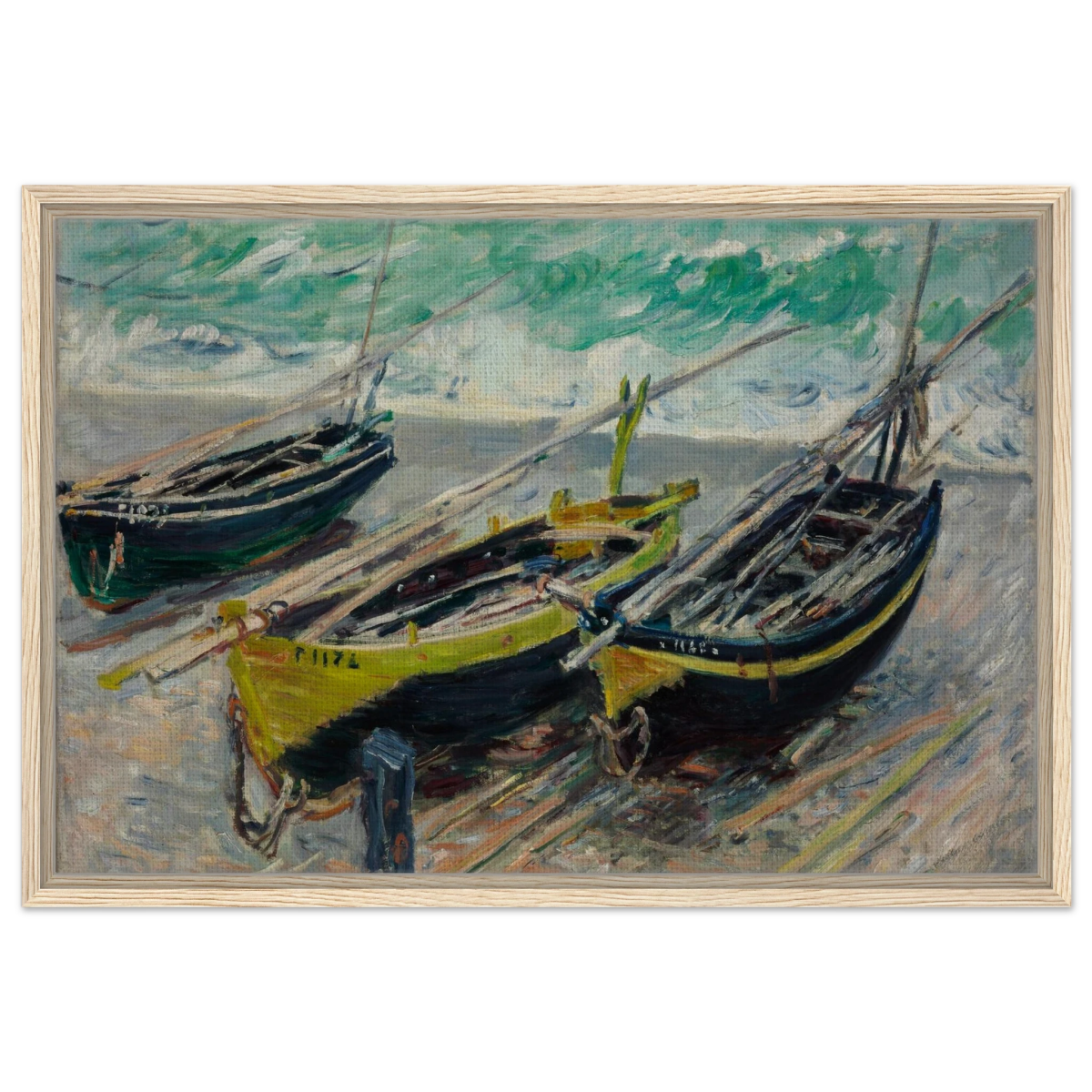 Three Fishing Boats (1886) – Claude Monet Wall Art Print - Framed Canvas - 50x75 cm / 20x30″ - Wood frame