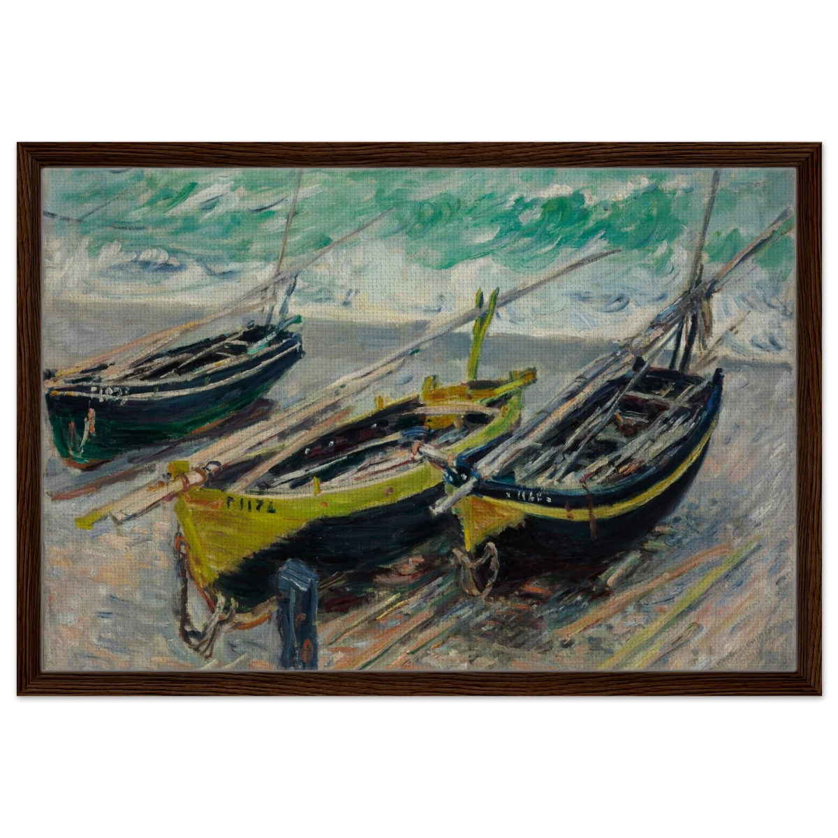 Three Fishing Boats (1886) – Claude Monet Wall Art Print - Framed Canvas - 50x75 cm / 20x30″ - Dark wood frame