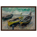 Three Fishing Boats (1886) – Claude Monet Wall Art Print - Framed Canvas - 50x75 cm / 20x30″ - Dark wood frame