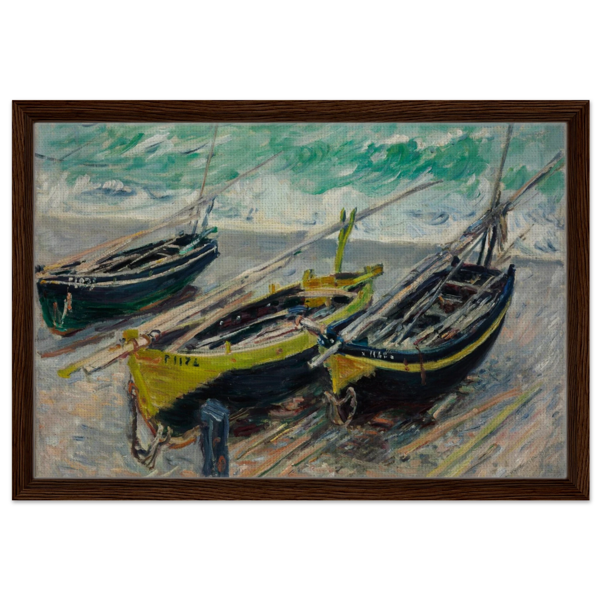 Three Fishing Boats (1886) – Claude Monet Wall Art Print - Framed Canvas - 40x60 cm / 16x24″ - Dark wood frame